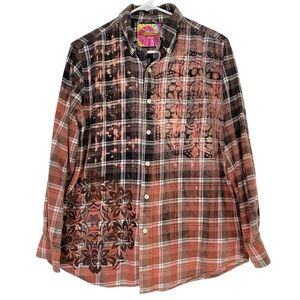 Handmade Floral Flannel Shirt Mens Size Medium Unisex Bleached Plaid Button Down